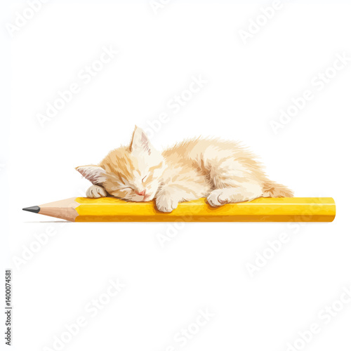 Dreaming on Stationery: An endearing kitten, swathed in the soft embrace of slumber, finds comfort atop a vivid yellow pencil, evoking a sense of tranquility and imaginative dreams. 