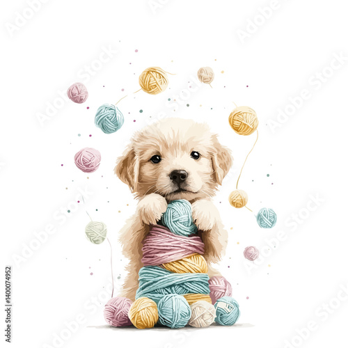 Puppy Playtime: A fluffy golden retriever puppy, surrounded by colorful yarn balls, embodies joy and innocent fun.