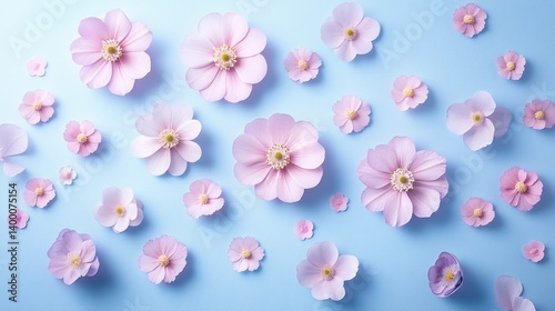 Overhead view of beautiful pink flowers arranged in symmetrical mandala pattern on vibrant blue background
