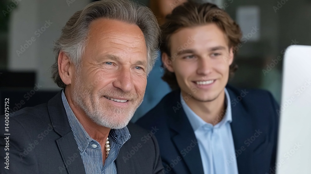 Two men focus intently at computer screen, indoors, with colleagues nearby