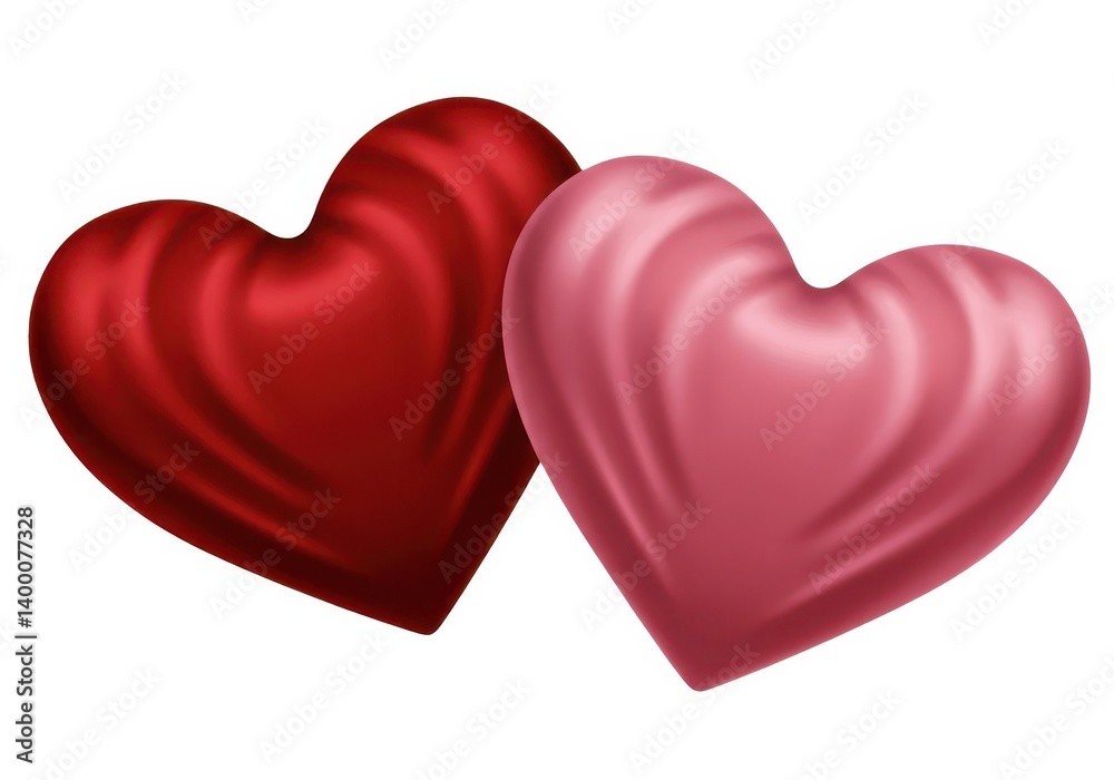 Two glossy hearts one red and one pink against a white background for valentine's day concept Two glossy hearts one red and one pink against a white background for valentine's day concept