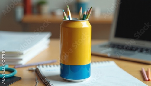 Professional photo of a disguised soda can pencil holder with colored pencils on desk.