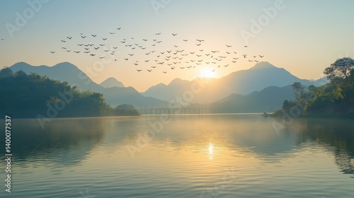15.A poetic morning view at Krasiao Dam, featuring a flock of birds in synchronized flight over the still lake, the glowing sun and majestic mountains creating a harmonious natural composition.