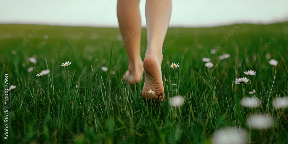 Walking barefoot on grassy field filled with daisies evokes sense of freedom and connection to nature. soft grass and delicate flowers create refreshing Walking barefoot on grassy field filled with daisies evokes sense of freedom and connection to nature. soft grass and delicate flowers create refreshing