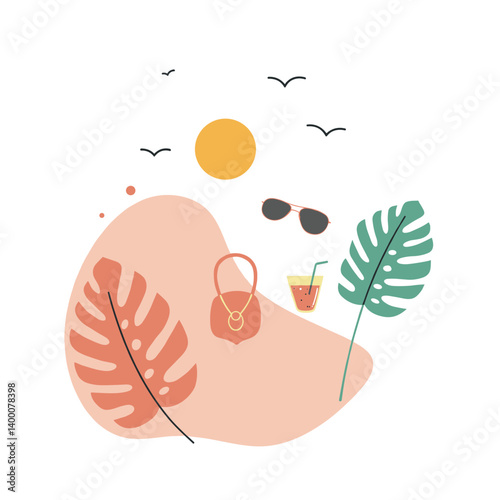 Summer fashion accessories with tropical leaves and sun  