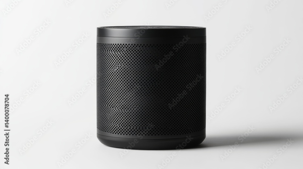 Obraz premium 34.A side view of a compact black speaker against a white background, revealing the subtle texture of its body, the metallic accents around the controls, and the perforated front grille.