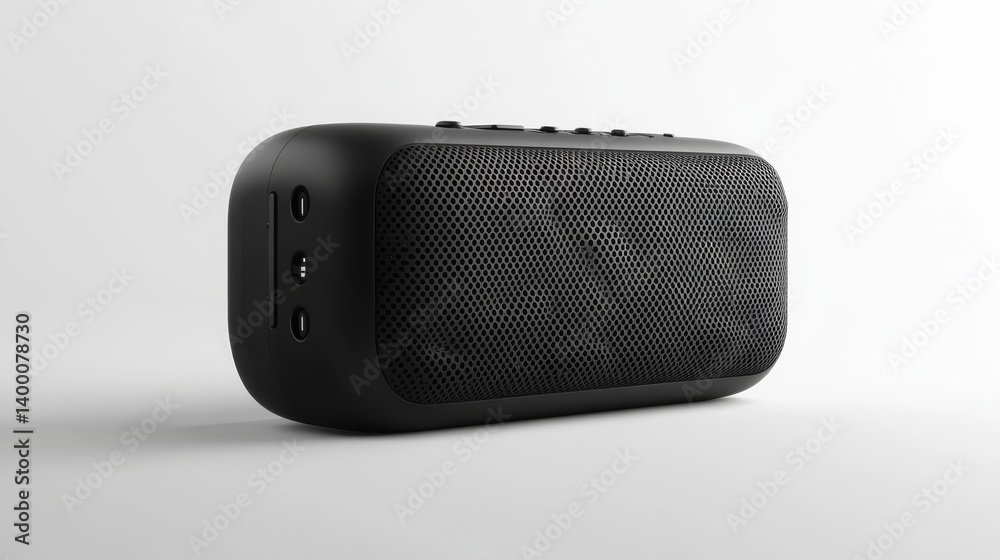 34.A side view of a compact black speaker against a white background, revealing the subtle texture of its body, the metallic accents around the controls, and the perforated front grille. 34.A side view of a compact black speaker against a white background, revealing the subtle texture of its body, the metallic accents around the controls, and the perforated front grille.