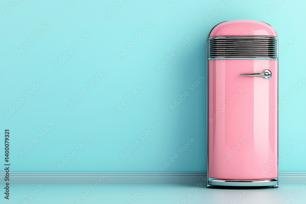 Retro style pink beverage cooler against cyan wall in a minimalistic pop art inspired background with vibrant object focus and nostalgic summer drink mood Retro style pink beverage cooler against cyan wall in a minimalistic pop art inspired background with vibrant object focus and nostalgic summer drink mood