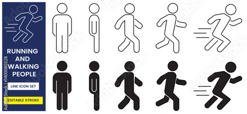 Running and walking people icons set, people symbol, icons of people, running icon, walking people icon, editable stroke