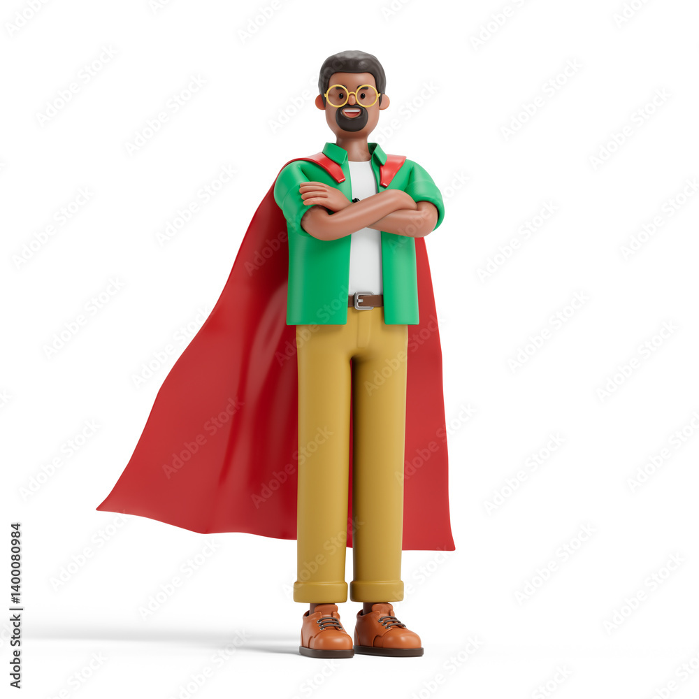 A man with a cape stands confidently, arms crossed, symbolizing power and success. 3D rendering, conceptual image. Isolated on white background. A man with a cape stands confidently, arms crossed, symbolizing power and success. 3D rendering, conceptual image. Isolated on white background.