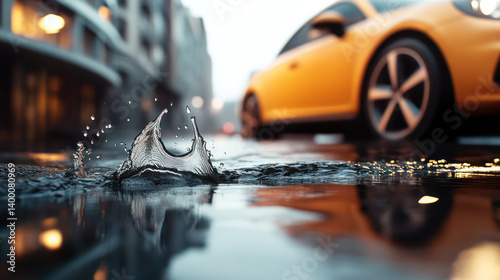 Urban streets with flooded water ing yellow car, creating dynamic scene. splashes add energy to , impact of rain on city life