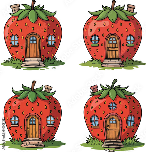 Whimsical Strawberry House Clipart – Cute Fantasy Fruit Cottage Illustrations