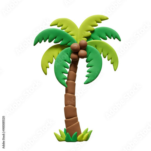 Playful Green Clay Palm Tree with Coconuts on Transparent Background