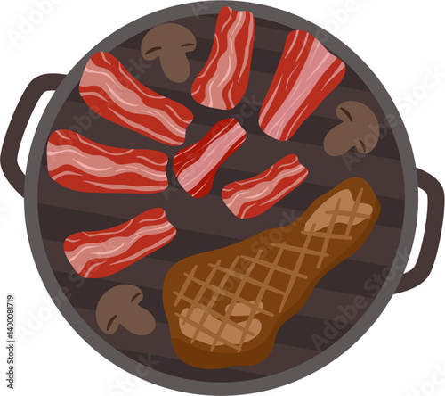 Overhead View of Grilled Steak, Bacon, and Mushrooms on a Cast Iron Pan