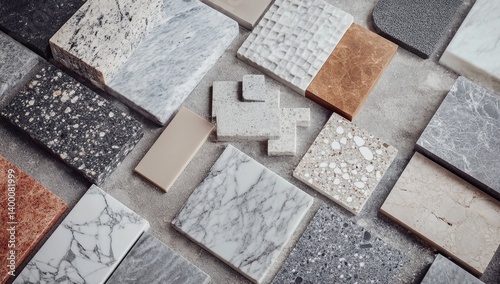 Diverse selection of  stone and composite materials for interior design.  Variety of colors, textures, and patterns displayed