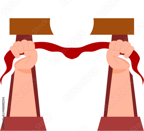 Hands Pulling Red Ribbon Through Symbolic Gateway