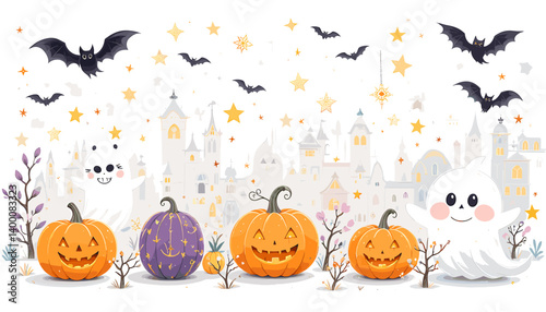 Seamless Halloween Pattern with Cute Ghosts and Pumpkins. A seamless Halloween-themed pattern featuring adorable cartoon ghosts, pumpkins, bats, and stars in pastel tones. Ideal for kids’ p