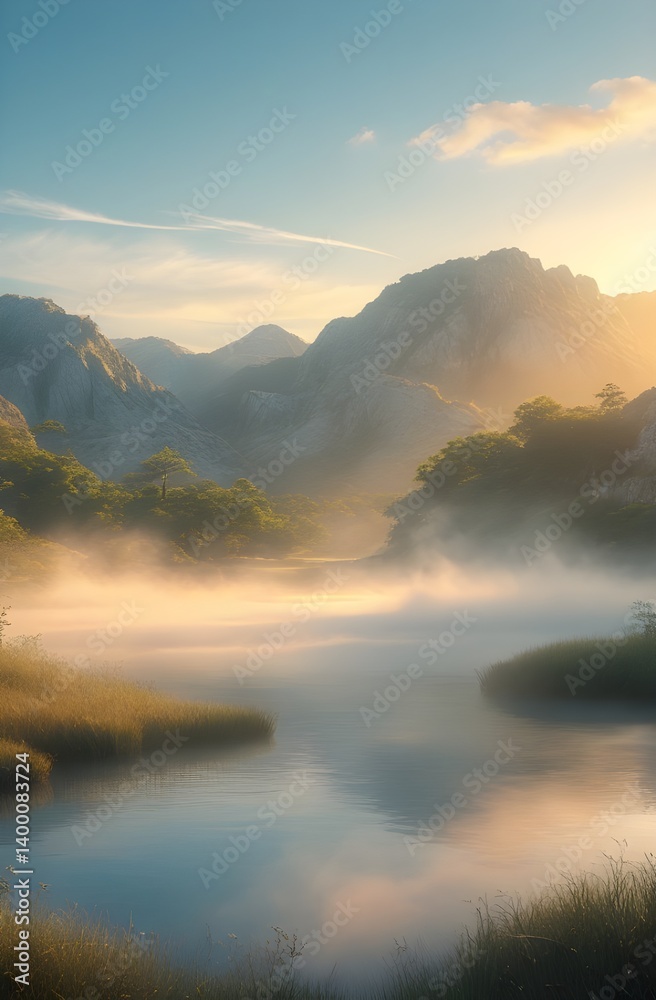 Fototapeta premium Golden morning light graces the calm water of both lake and river under a vast sky with soft clouds