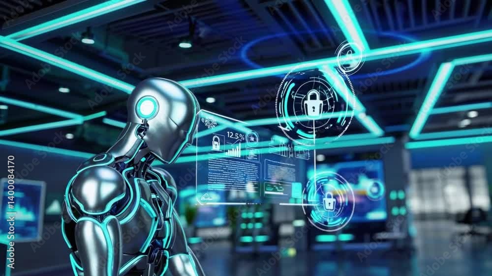 Futuristic robot in a digital environment with floating lock icons and data holograms. Scene represents cybersecurity, artificial intelligence, and advanced technology Futuristic robot in a digital environment with floating lock icons and data holograms. Scene represents cybersecurity, artificial intelligence, and advanced technology