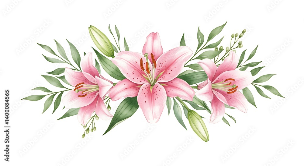 Obraz premium Blushing Pink Lilies: Delicate Watercolor Floral Arrangement AI Generated