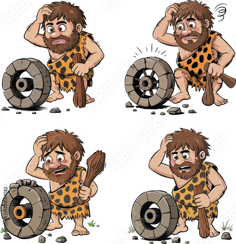Caveman Invention Cartoon – Funny Wheel Discovery Clipart Set