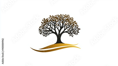 Illustration of a stylized tree with brown leaves and a golden base on a white background
