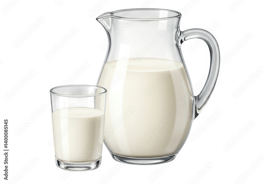 A clear glass pitcher filled with milk stands beside a glass of milk on a white background surface A clear glass pitcher filled with milk stands beside a glass of milk on a white background surface
