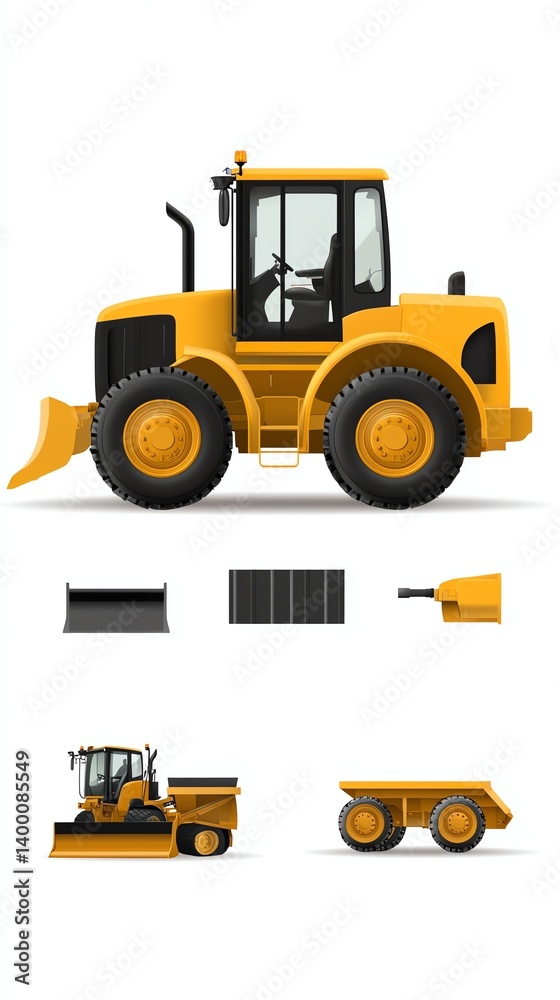 a grader and paver combo clipart, roadbuilding equipment set, infographic layout, isolated on white background