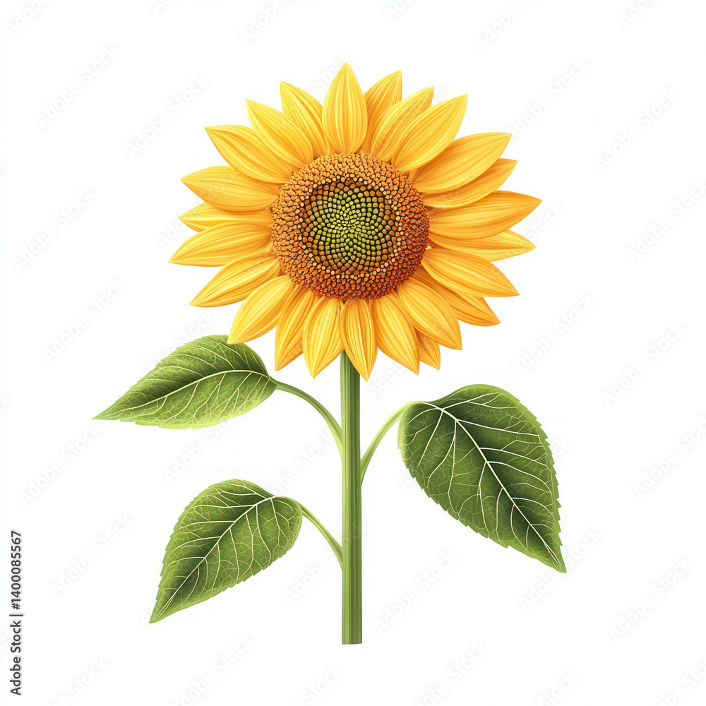 Obraz premium bright yellow sunflower with vibrant petals and green leaves stands tall against white background, symbolizing warmth and positivity