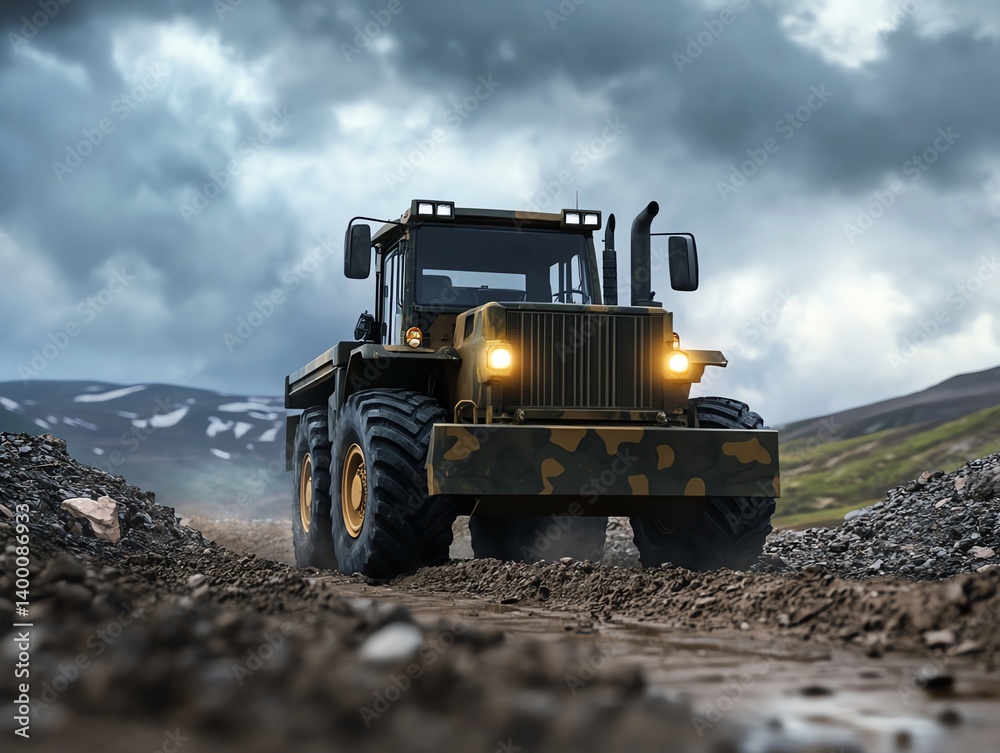 Militarygrade grader in camouflage clearing tactical path, rugged terrain, 3D illustration Militarygrade grader in camouflage clearing tactical path, rugged terrain, 3D illustration