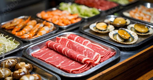 A slice of beef, seafood, vegetables, and other arranged on a tray.