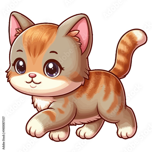 Charming cartoon illustration of a cute tabby kitten with big, adorable eyes, orange and brown stripes, and a playful expression. Represents adorable animals, pets, and children's themes.