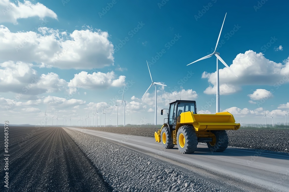 Fototapeta premium Grader working beside wind turbines on access road, renewable energy zone, 3D illustration
