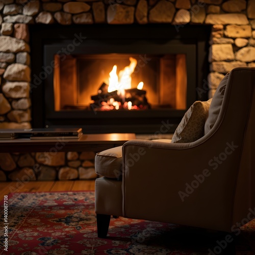 Relaxing by a Cozy Fireplace Warmth and Comfort of a Winter Evening in a Rustic Stone Room