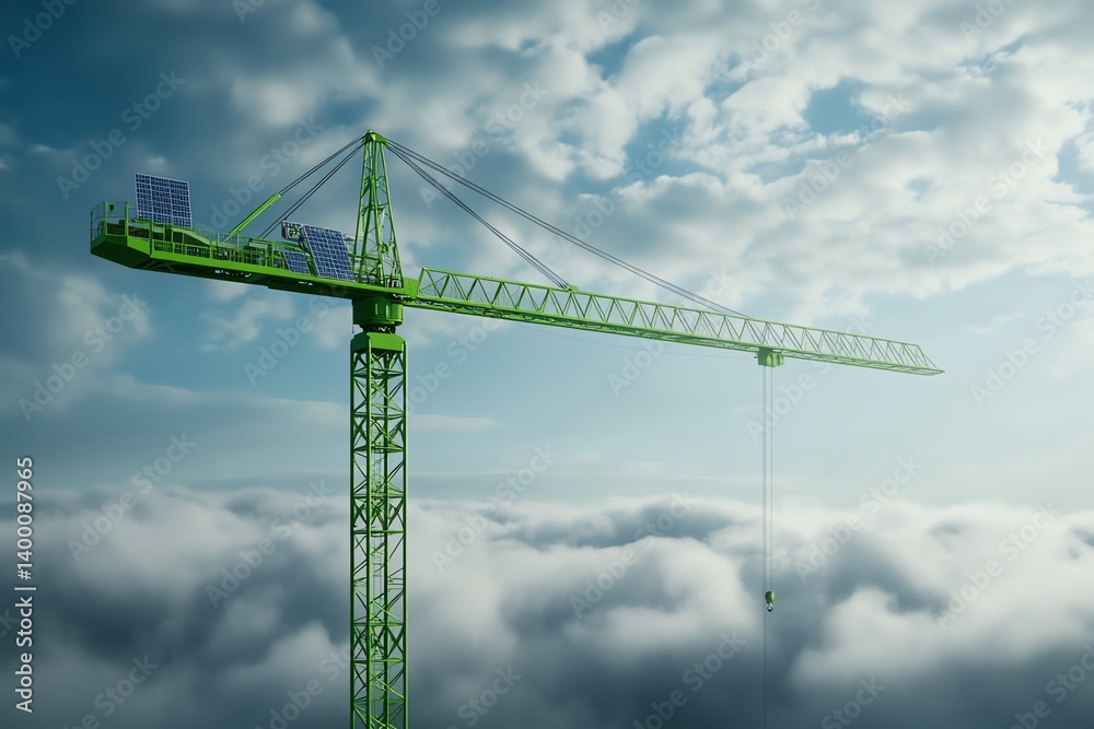 Conceptual ecocrane with solarpowered lifting system, green construction focus, 3D illustration Conceptual ecocrane with solarpowered lifting system, green construction focus, 3D illustration