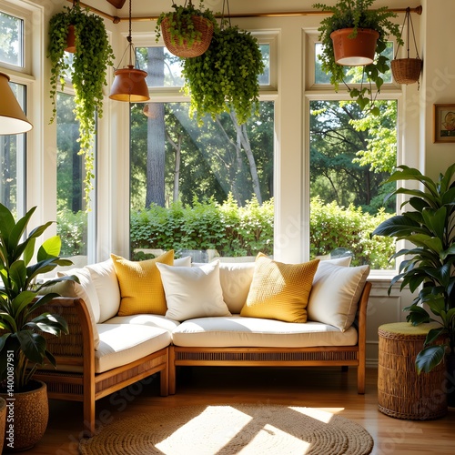 Sunlit Cozy Living Room Corner with Rattan Sofa and Lush Greenery