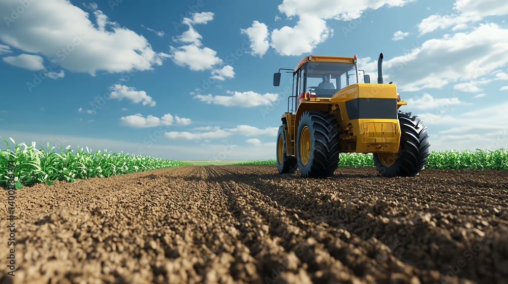 Grader building farm access road in rural field, agricultural construction, 3D illustration