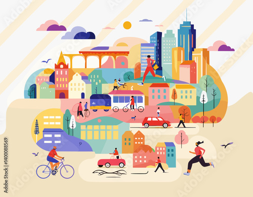 colorful urban landscape with people biking, walking, and driving city life illustration