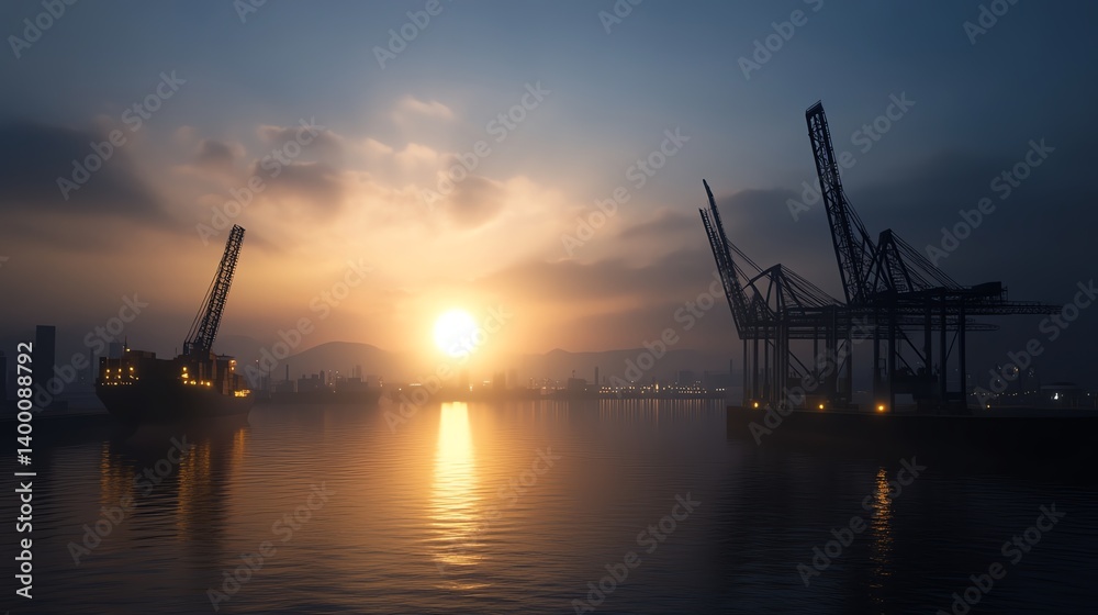 Fototapeta premium Crane silhouette at dusk on urban skyline, dramatic lighting, 3D illustration