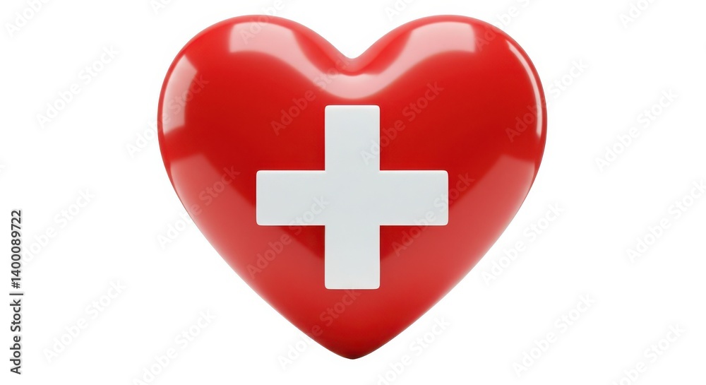 A red heart with a white plus sign centered on it against a plain white background in a close up shot A red heart with a white plus sign centered on it against a plain white background in a close up shot