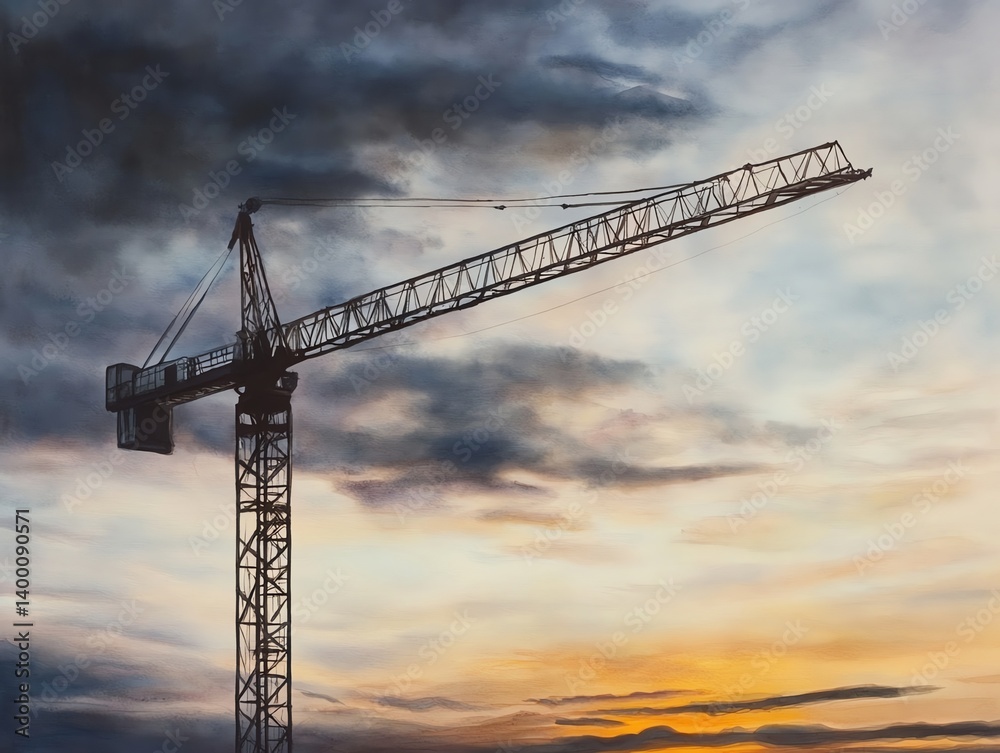 Artistic watercolor of crane at sunset, expressive industrial art Artistic watercolor of crane at sunset, expressive industrial art