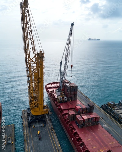 Large crane next to cargo ship, port loading and logistics theme