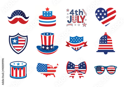 4th of July vector elements set. Collection of American Independence Day vector illustration on white background