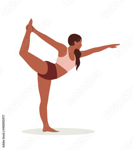 Young woman practicing yoga exercise Lord of dance isolated on transparent background. Yogini girl showing Natarajasana pose King of dancers vector flat illustration. 