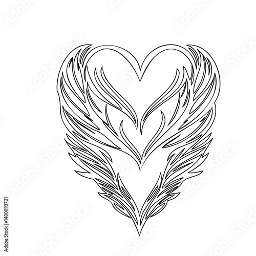 Line art of Heart with Abstract Feathered Wings
