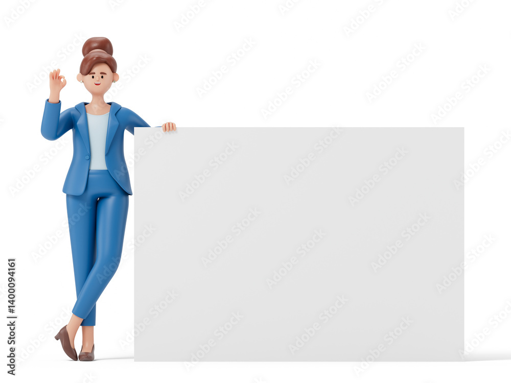 woman with 'OK' gesture holds blank sign, symbolizing approval or readiness for new ideas. 3D rendering, conceptual image. Isolated on white background. woman with 'OK' gesture holds blank sign, symbolizing approval or readiness for new ideas. 3D rendering, conceptual image. Isolated on white background.