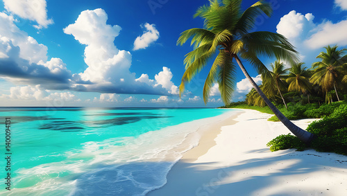 Tropical beach with coconut palm trees, clear blue sky, and serene ocean waves, perfect for a relaxing summer vacation on a beautiful island