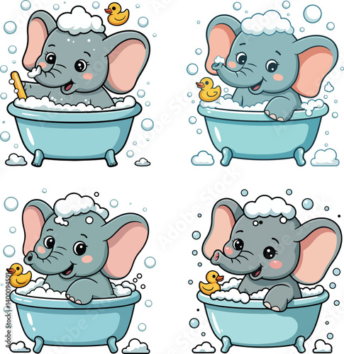 Cute Cartoon Elephant in Bathtub with Rubber Duck – Baby Bath Time Clipart Set