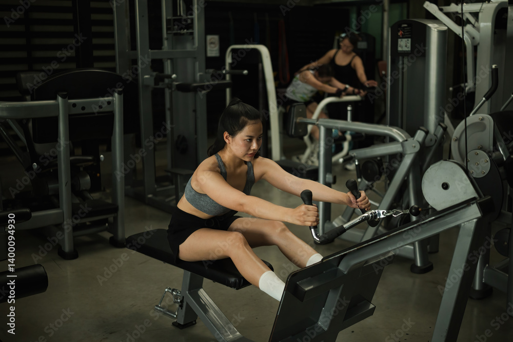 Determined Woman Performing Seated Row Exercise at Gym Determined Woman Performing Seated Row Exercise at Gym