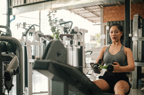 Confident woman using a seated cable row machine at the gym to strengthen her back and arms